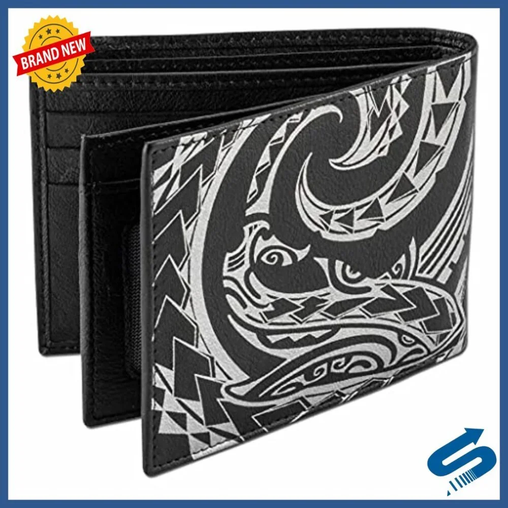 Genuine Leather Flip ID Bifold Wallet with Shark Tattoo Art